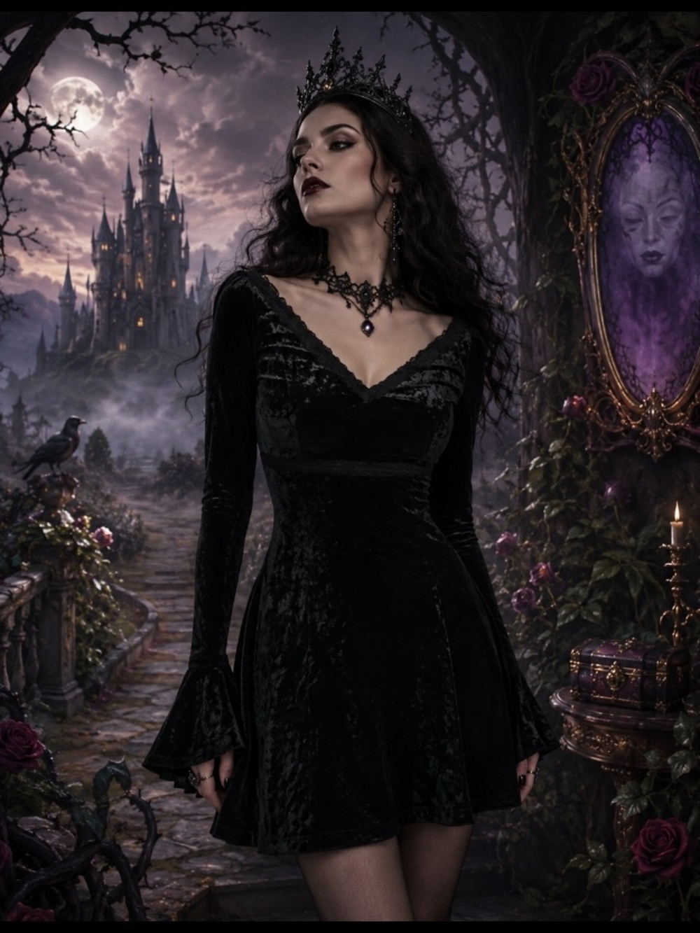 NWT Dolls Kill Widow Glamour Sparks Black Crushed Velvet Gothic V-Neck Dress Sm